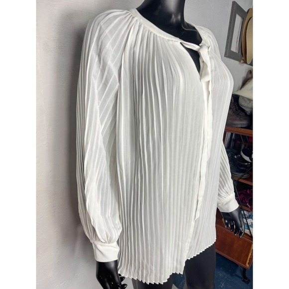 Midnight Velvet Ivory Pleated Tie Neck Long Sleeve Blouse Top Small - Picture 2 of 9